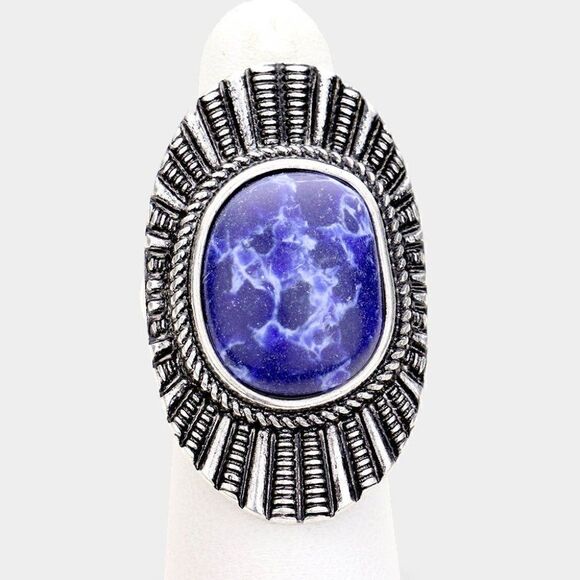 Natural Stone Blue Tribal Metal Stretch Ring - Picture 1 of 7